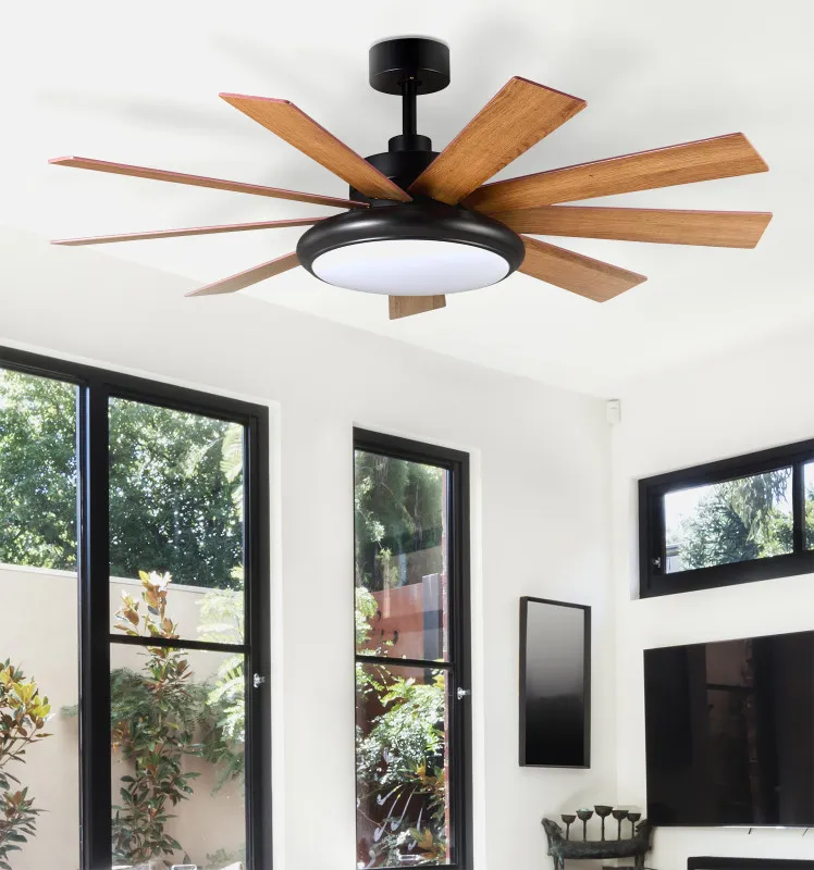 Ventilador DC Pireo 36w Negro 9 Aspas Roble/haya  6 Vel 3000k, 4500k, 6000k 3800lm 132d C/Remoto, Memoria Y Temporizador