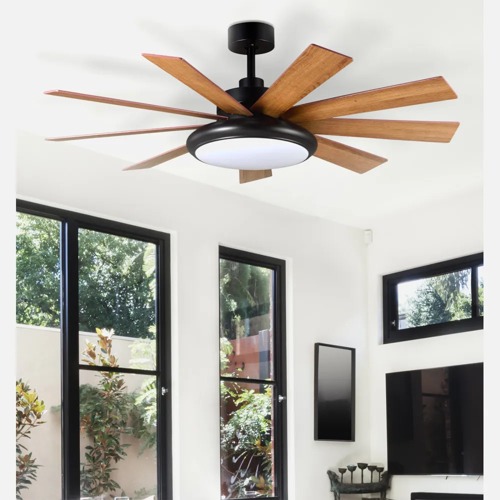 Ventilador DC Pireo 36w Negro 9 Aspas Roble/haya  6 Vel 3000k, 4500k, 6000k 3800lm 132d C/Remoto, Memoria Y Temporizador