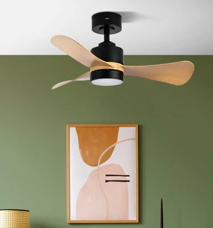 Ventilador Dc Zepelin 18w 1900lm Negro/madera Clara  3aspas 91d 3000-4000-6500K Remoto,memoria Y Temporizador