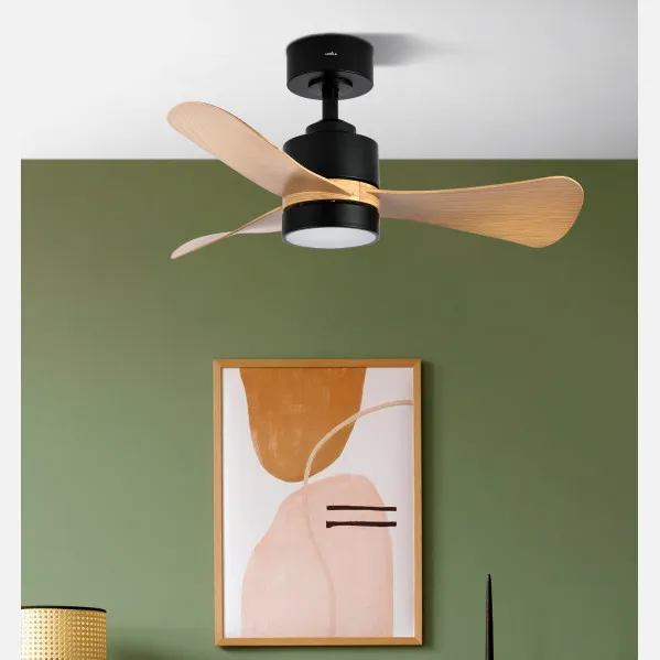 Ventilador Dc Zepelin 18w 1900lm Negro/madera Clara  3aspas 91d 3000-4000-6500K Remoto,memoria Y Temporizador