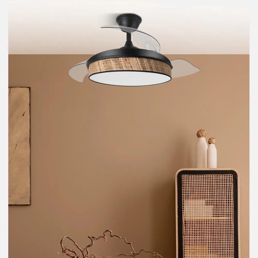 Ventilador Dc Moda 72w Negro/cañizo Oscuro 108d 3aspas 7200lm 3000k,4000k,6000k Remoto+memoria+temporizador