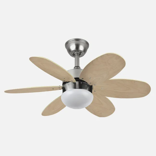 Ventilador Dc Alves 2xe27 Niquel 6 Aspas Rev. Haya/plata 41x85d C/ Remoto Y Temporizador