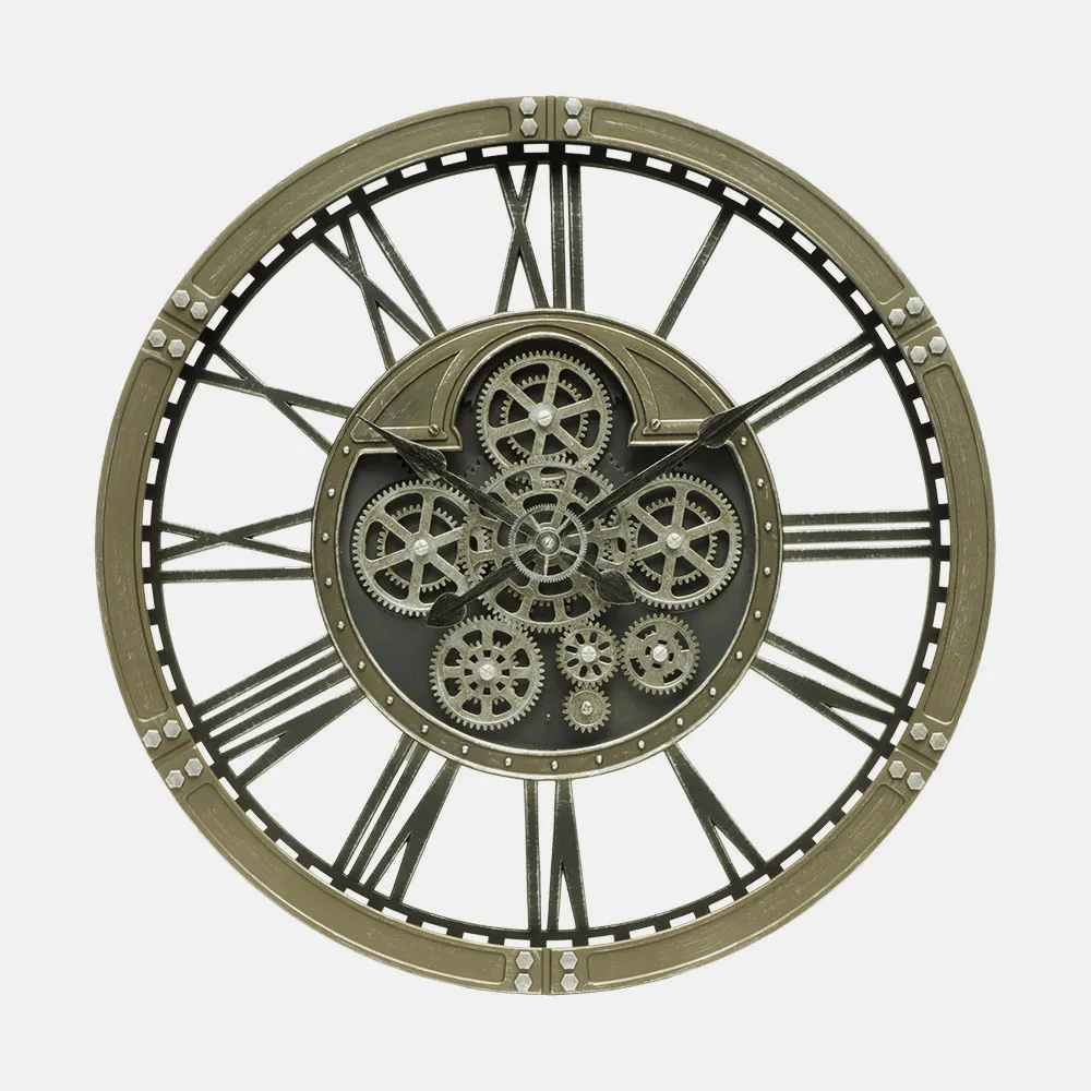 Reloj De Pared Agron Cuero 60x60x7cm Engranajes Con Movimiento