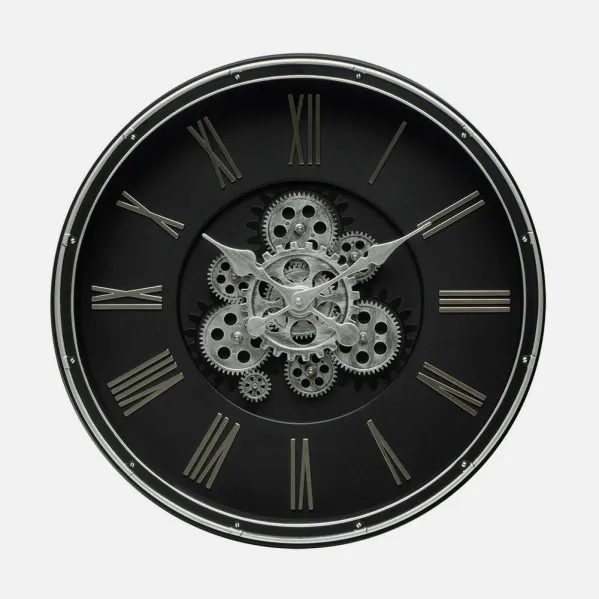 Reloj De Pared Cacin Negro/plata 50x50x6cm Engranajes Con Movimiento