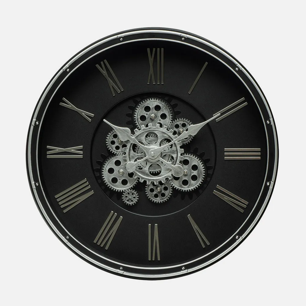 Reloj De Pared Cacin Negro/plata 50x50x6cm Engranajes Con Movimiento