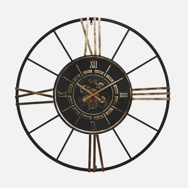Reloj De Pared Cañete Negro/oro 120x120x8cm Engranajes Con Movimiento