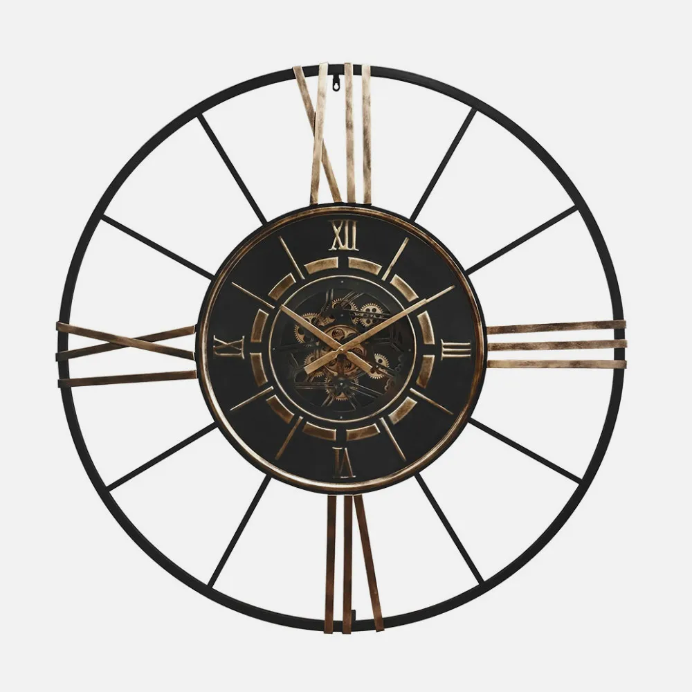 Reloj De Pared Cañete Negro/oro 120x120x8cm Engranajes Con Movimiento
