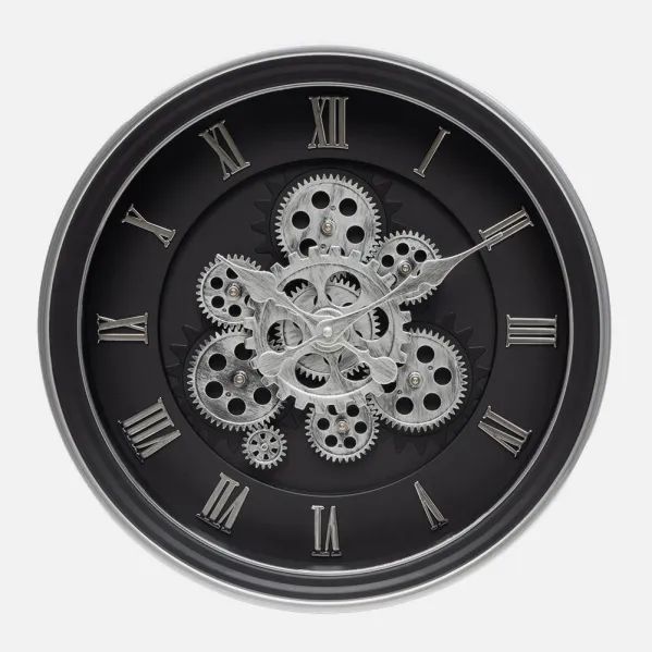 Reloj De Pared Chercos Negro/plata 40x40x7cm Engranajes Con Movimiento