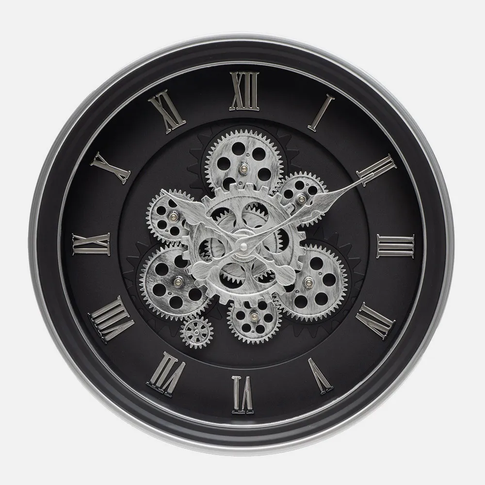 Reloj De Pared Chercos Negro/plata 40x40x7cm Engranajes Con Movimiento