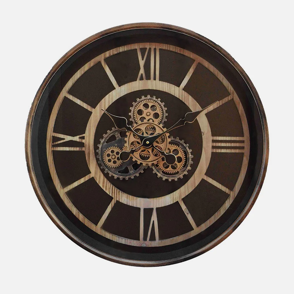 Reloj De Pared Durcal Marron/haya/oro 60x60x8cm Engranajes Con Movimiento