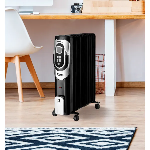 Oil-filled radiator Comfort 2000w 9 elements Black/silver 3 pow.Dimmable therm. Timer,wheels Light ind. 62x41,5x24cm