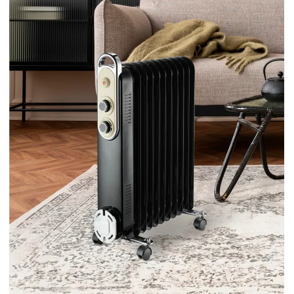 Radiador Aceite Amarantus 2500w 11elementos Negro/beis 3potencias Antivuelco Termostato Reg. Seguridad Asa 62,5x48x24cm