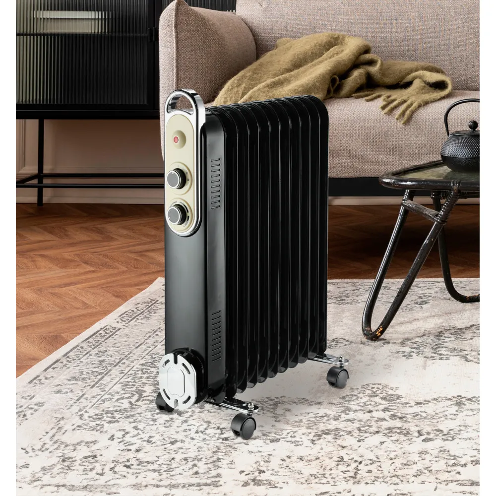 Radiador Aceite Amarantus 2500w 11elementos Negro/beis 3potencias Antivuelco Termostato Reg. Seguridad Asa 62,5x48x24cm