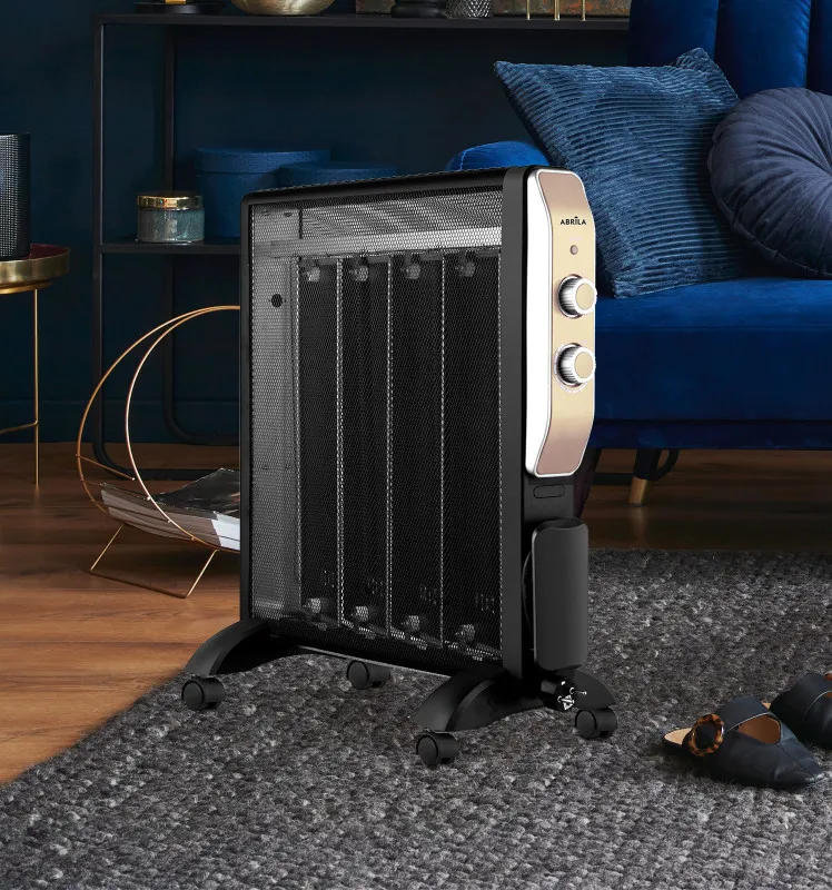 Radiador De Mica Abrigo 2000w 4elementos Negro/oro 2potencias Antivuelco,luz Ind.termost.reg.61,5x56x26,5 Cm