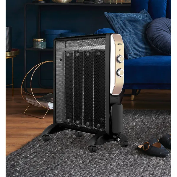Mica Radiator Abrigo 2000w 4-element Black/Gold 2-power Tip-over protection, indicator light Therm.reg.61,5x56x26,5 Cm