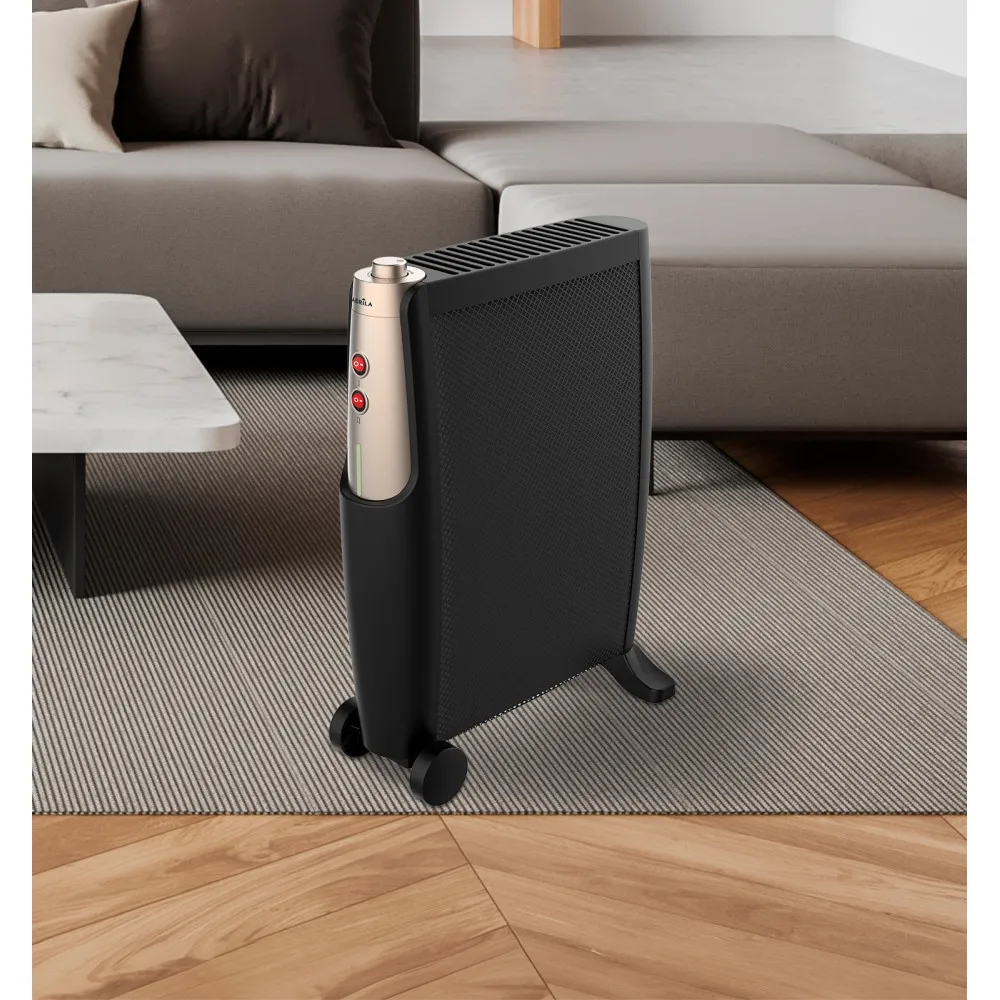 Radiador De Mica Imperial 2000w 2elem Negro/oro 2potencias Antivuelco,termostato,c/ruedas 66x48,5x23cm