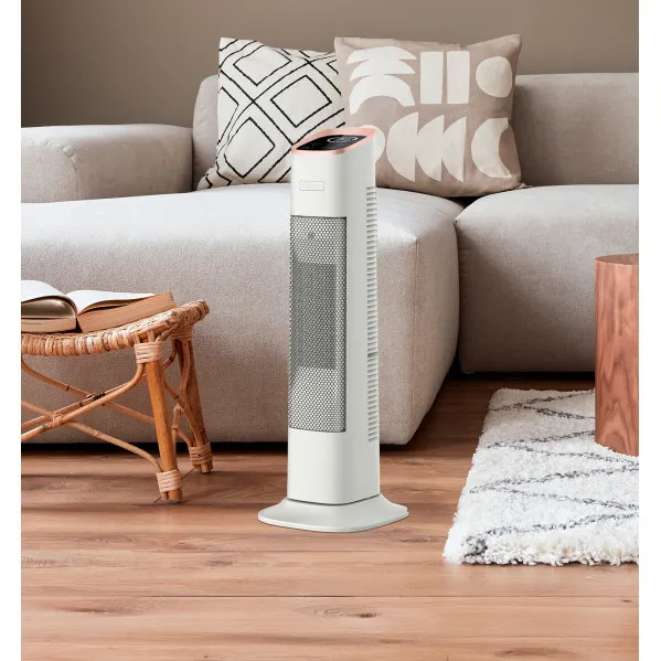 Fan heater Ceramic Vertical 2000w White/gold Remote control 2 pow.3 func.Dimmable therm. Oscillating Tip-over protection Timer 62x23,5x23,5cm