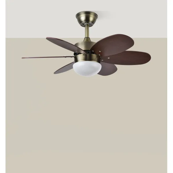 Ventilador Dc Alves 2xe27 Cuero 6 Aspas Rev. Cerezo/nogal 41x85d  C/ Remoto Y Temporizador
