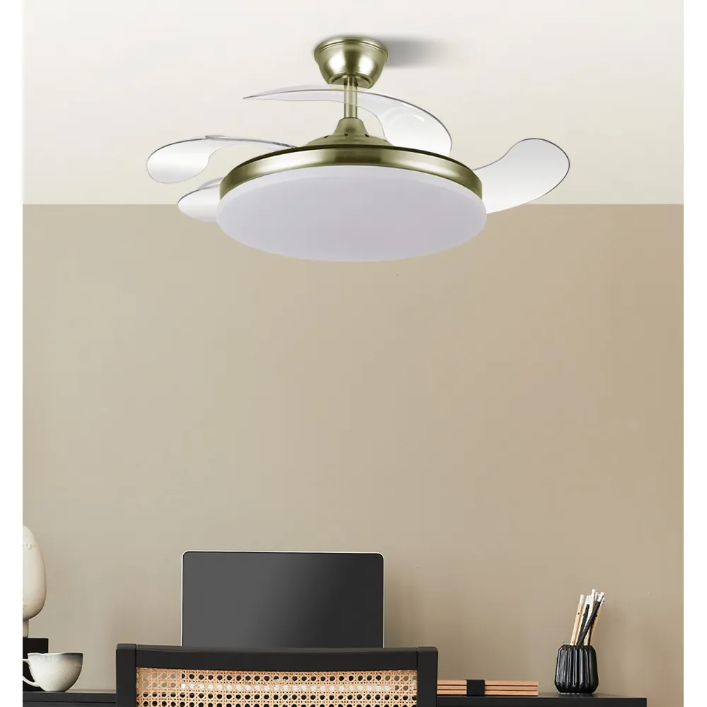 Ventilador Dc Tridente 59w Cuero 4aspas Desp 107d 6980lm Reg.intensidad Remoto+temporizador+memoria 3000-4000-6000k