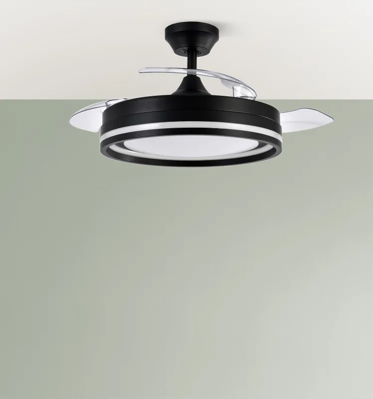Ventilador Dc Cerrato Negro 72w 3aspas Desplegables 107d 7200lm 6vel 3000k,4500k,6000k, Remoto+temporizador+memoria