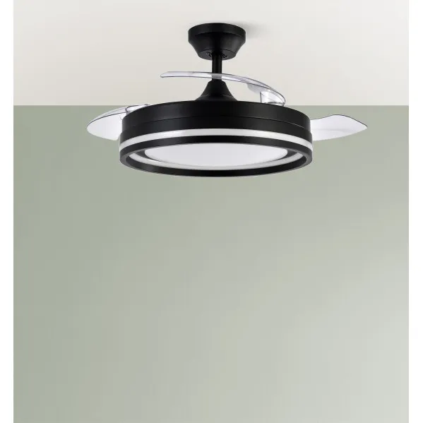 Ventilador Dc Cerrato Negro 72w 3aspas Desplegables 107d 7200lm 6vel 3000k,4500k,6000k, Remoto+temporizador+memoria