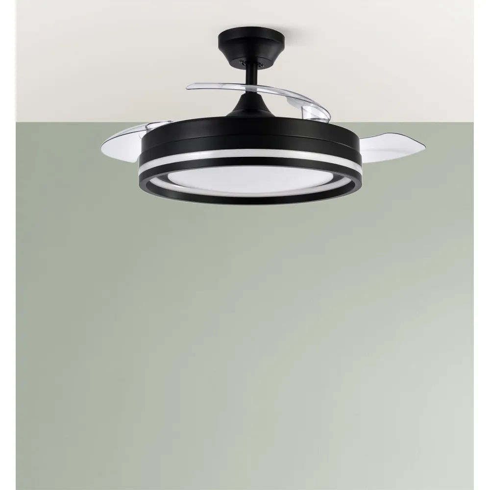Ventilador Dc Cerrato Negro 72w 3aspas Desplegables 107d 7200lm 6vel 3000k,4500k,6000k, Remoto+temporizador+memoria