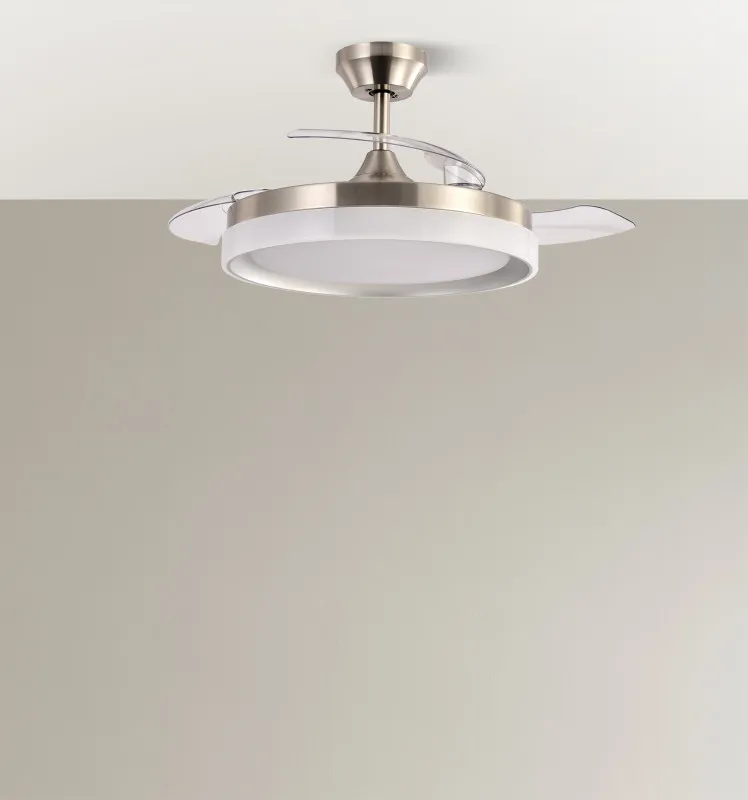 Ventilador Dc Zenit Niquel 72w 3aspas despegables 107d 7200lm 6vel 3000k,4500k,6000k, Remoto+temporizador+memoria