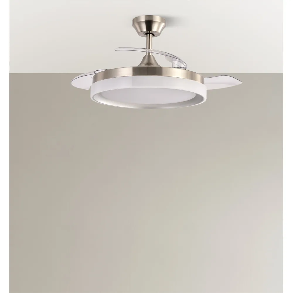Ventilador Dc Zenit Niquel 72w 3aspas despegables 107d 7200lm 6vel 3000k,4500k,6000k, Remoto+temporizador+memoria
