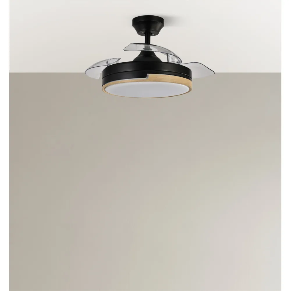 Ventilador Dc 48w Olimpia Negro/madera 3aspas 91d 4800 Lm 6vel 3000k,4500k,6000k, remoto+temporizador+memoria