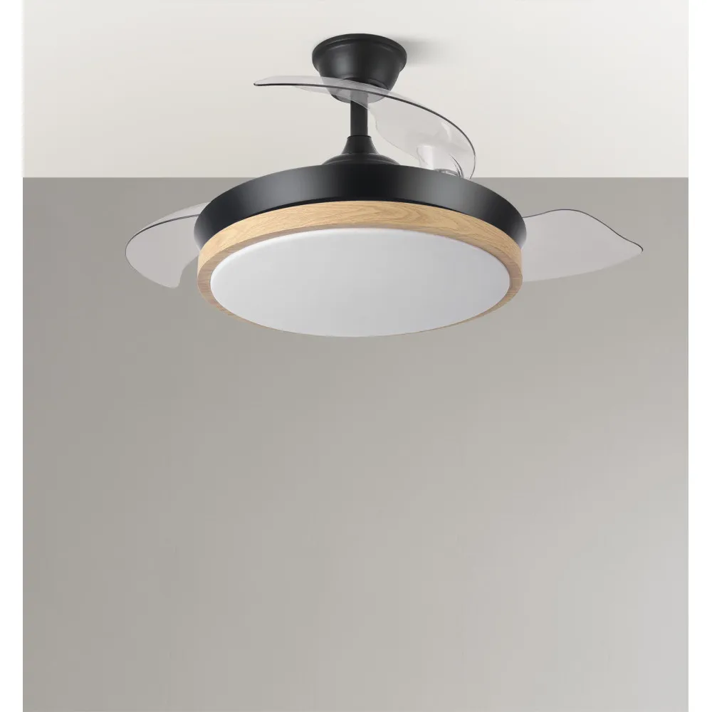 Ventilador Dc Evros Negro/hay 72w 6120lm 91d 3aspas Desplegables 3000-4000-6000k Remoto, Temporizador, Memoria