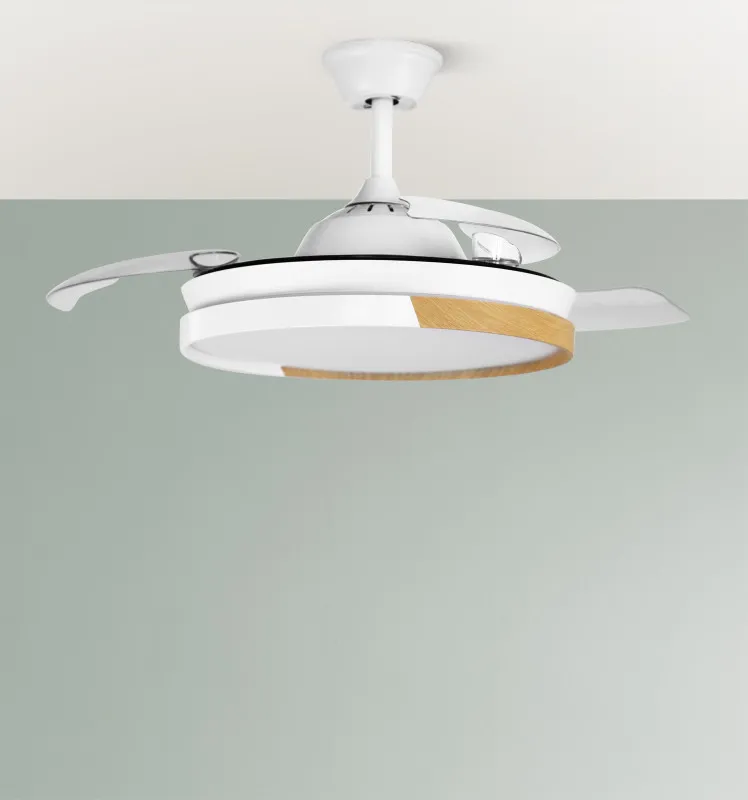 Ventilador Dc Emperador 72w Blanco/haya 3aspas Desplegables 108d 7200lm 3000-4000-6000k Remoto+Reg.Intensidad+Memoria+Temporiz