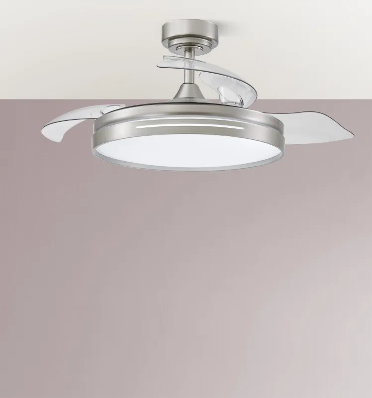 Ventilador Dc 72w Micenas Niquel 3asp.transp.108d 6velocidades 7200lm 3colores Remoto,reg.intensidad,memoria Y Temporizador 24
