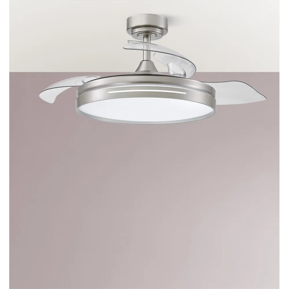 Ventilador Dc 72w Micenas Niquel 3asp.transp.108d 6velocidades 7200lm 3colores Remoto,reg.intensidad,memoria Y Temporizador 24