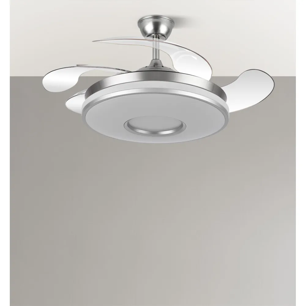 Ventilador Dani 59w 6980lm Niquel 4 Aspas Desplegables 6 Velocidades107d 3000-4000-6000k Remoto, Reg.Int, Memori Y Tempor 