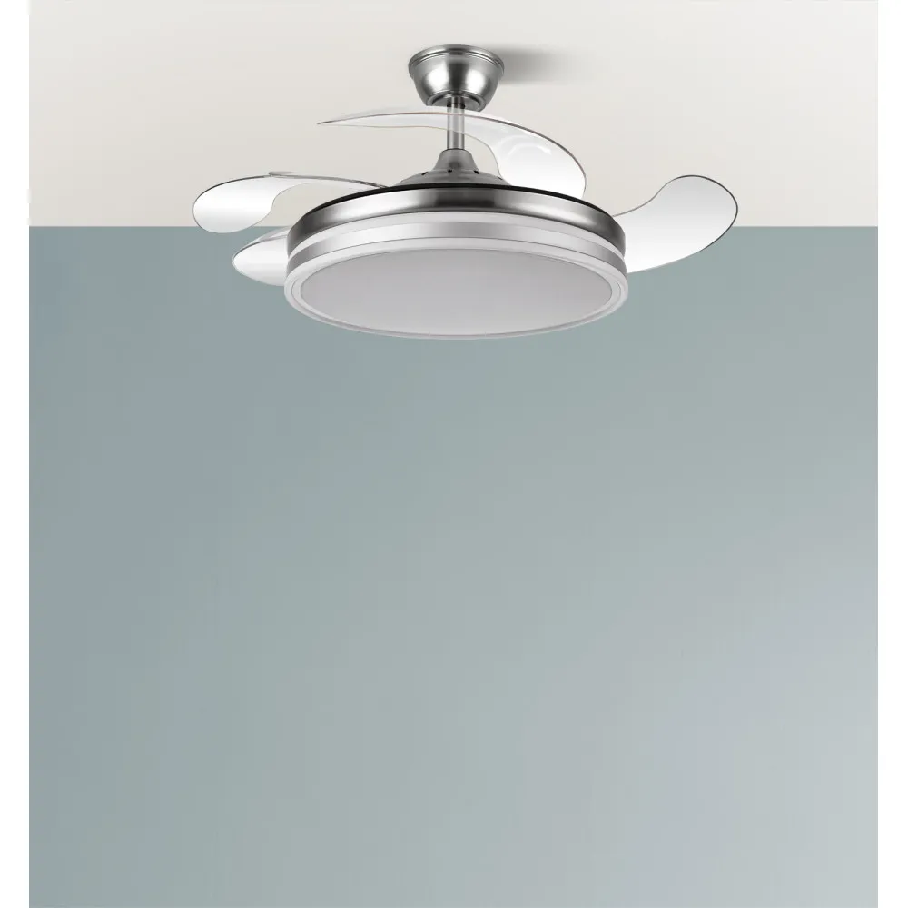 Ventilador Bayomo 59w 6980lm Niquel 4 Aspas Desp. 34,5/42x50/107 D.3 Color. Dc.remoto+Reg.Intensidad