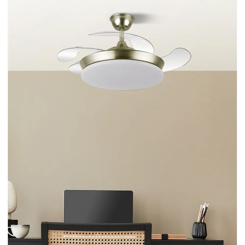 Ventilador Dc Tridente Mini 59w Cuero 4aspas Desp. 91d 6980lm Reg.intensidad Remoto+temporizador+memoria 3000-4000-6000k