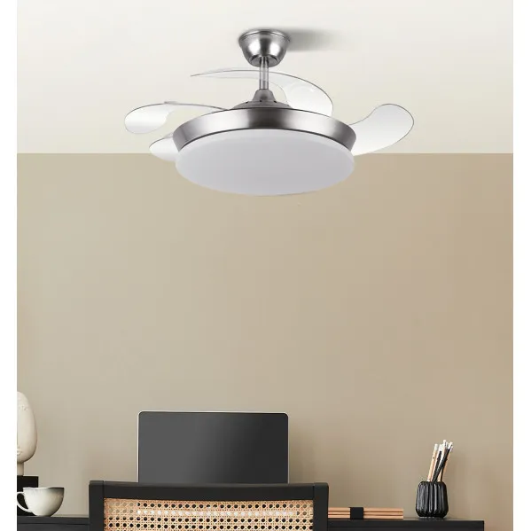 Ventilador Dc Tridente Mini 59w Niquel 4aspas Desp.91d 6980lm Reg.intensidad Remoto+temporizador+memoria 3000-4000-6000k