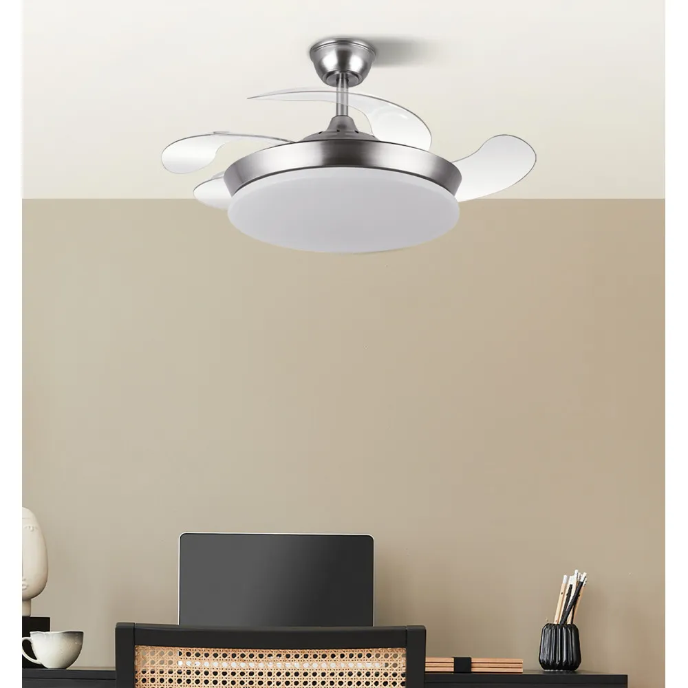 Ventilador Dc Tridente Mini 59w Niquel 4aspas Desp.91d 6980lm Reg.intensidad Remoto+temporizador+memoria 3000-4000-6000k