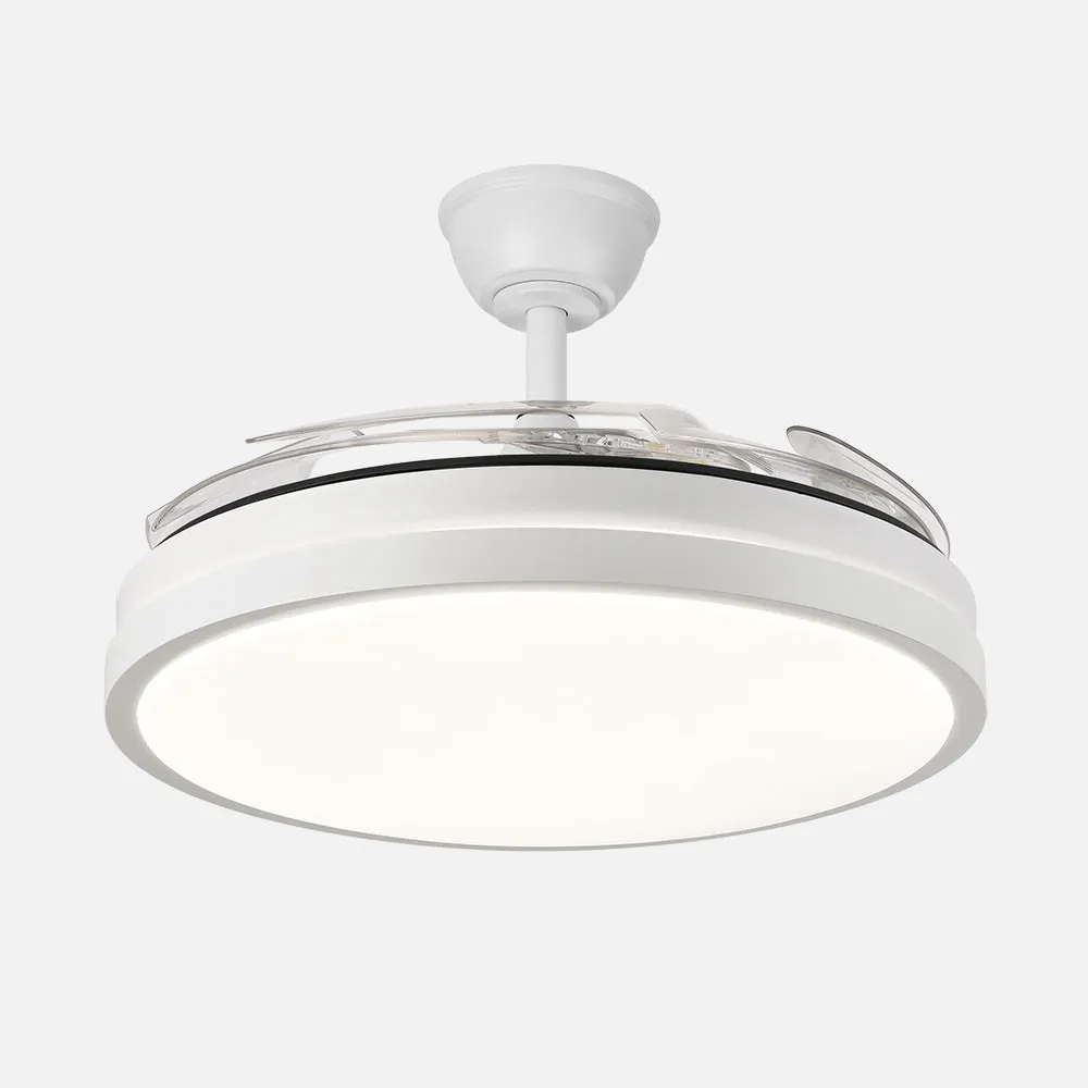 Ventilador Dc Escorpion 59w Blanco 4aspas desplegables 107d Reg.intensidad 6980lm 3000-4000-6000k Remoto+ Temporizador+ Memoria