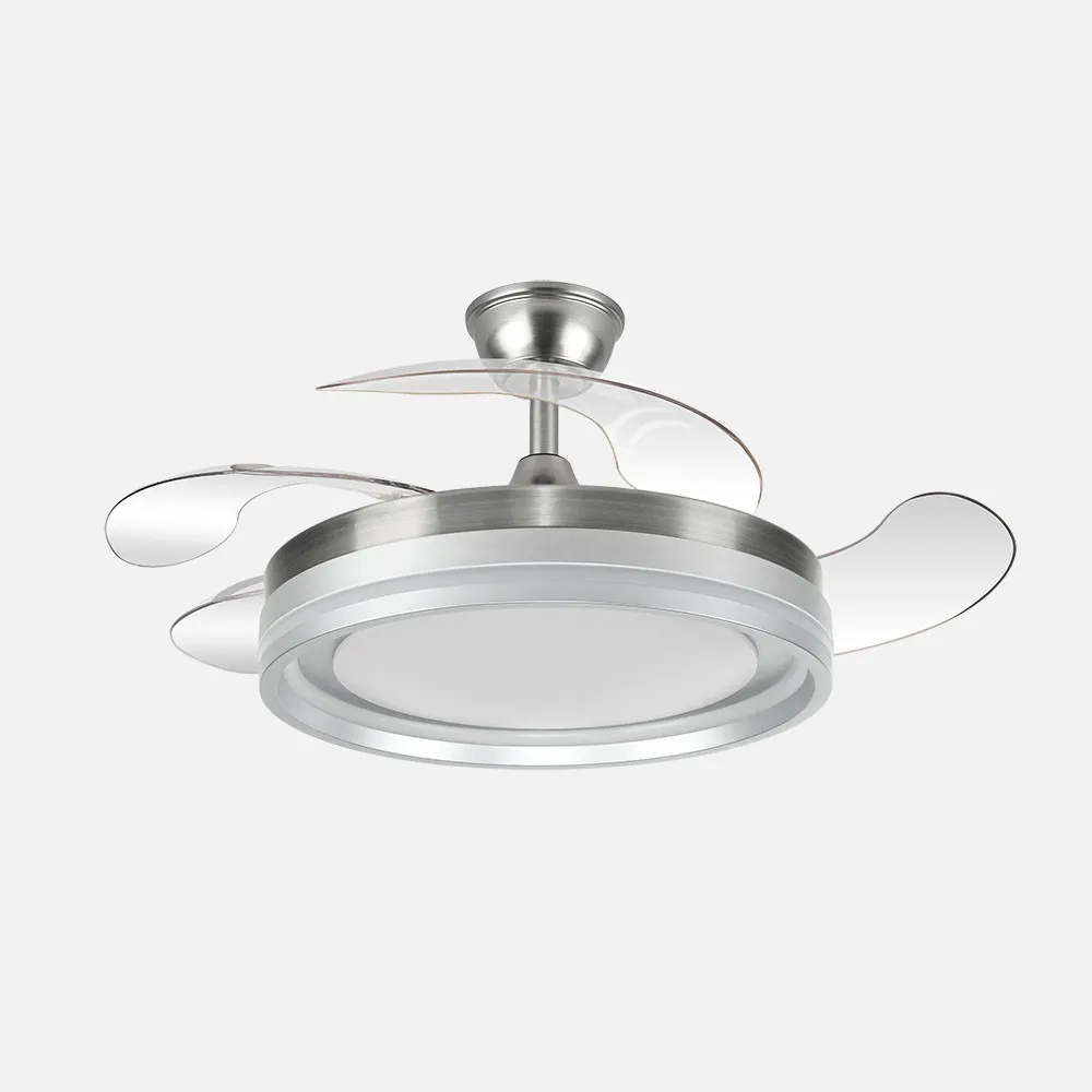 Ventilador Dc Cerrato Niquel 59w 4aspas Desplegables 107d 6980lm 6vel 3000k,4000k,6000k, Remoto+reg.intens.+temporizador+memoria