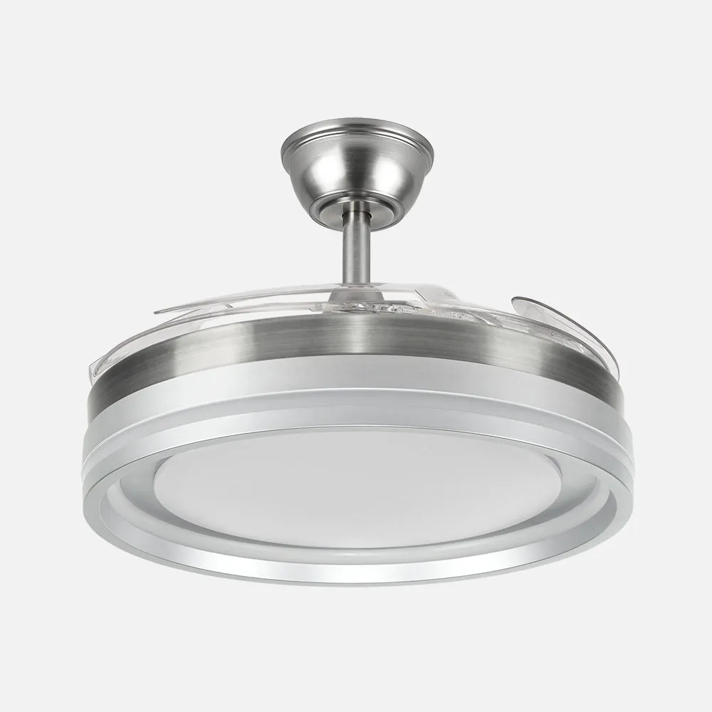 Ventilador Dc Cerrato Niquel 59w 4aspas Desplegables 107d 6980lm 6vel 3000k,4000k,6000k, Remoto+reg.intens.+temporizador+memoria