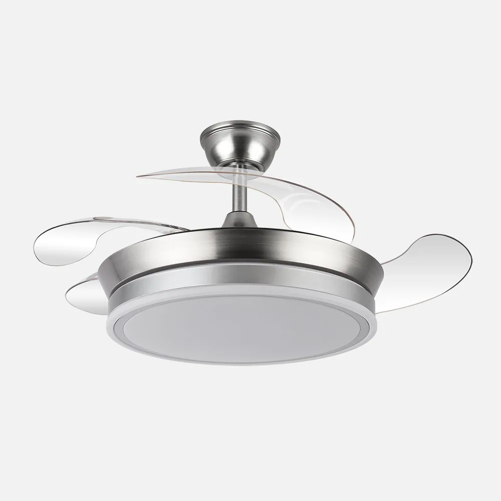 Ventilador Dc Bayomo Niquel 59w 6980lm 91d 4asp.desplegables 3000-4000-6000k Remoto, Regulable Intensidad, Temporizador, Memoria